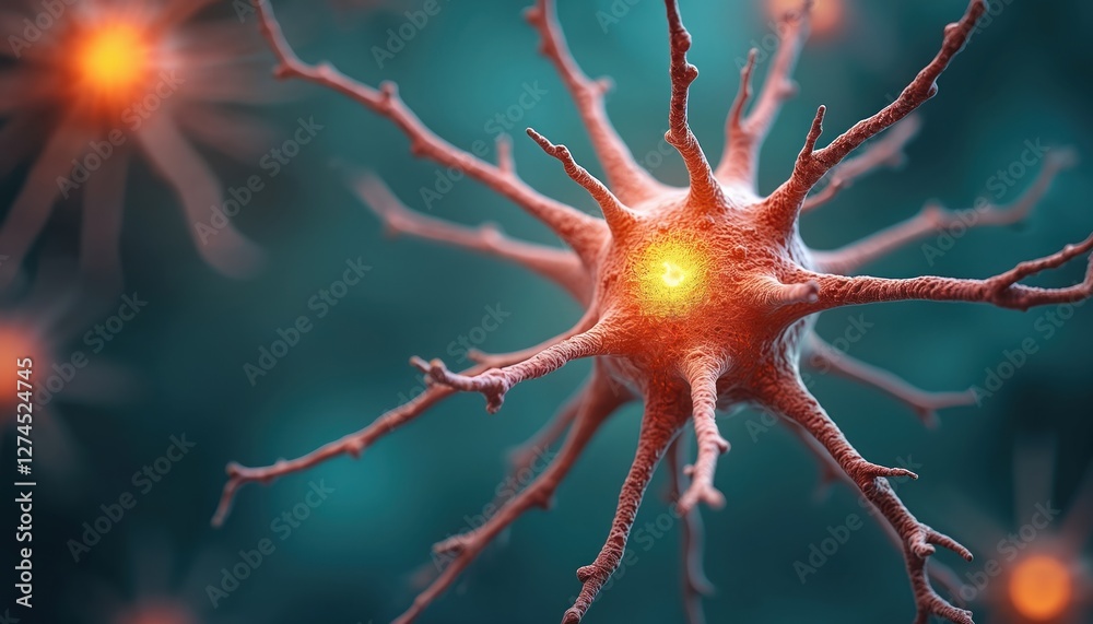 Poster illustration of nerve cells sending electric signals in brain. neuron cell activity for neural commu