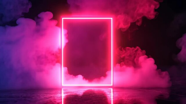 Neon doorway emerges in glowing pink mist with reflective surfaces and enigmatic vibe