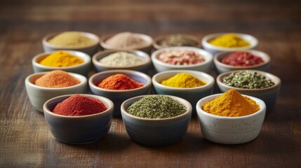 Variety of colorful spices in small bowls on rustic wooden table surface
