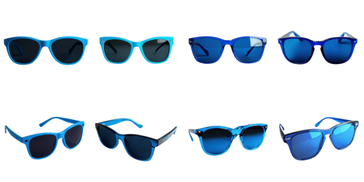 Blue sunglasses png set collection in 3d transparent no background in summer fashion concept.