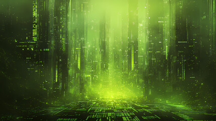 Futuristic cyberpunk digital landscape with abstract neon matrix codes and mysterious crumbling architecture in a misty green atmosphere. Neon Futuristic Ruins. Illustration