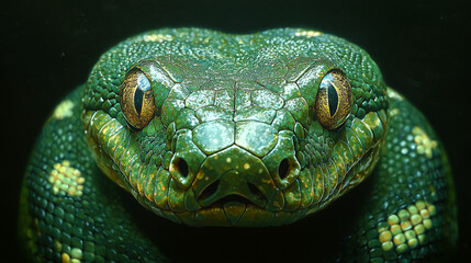 Obraz premium A close-up of a vibrant green snake showcasing intricate details and striking eyes.