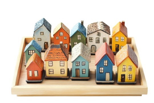Vibrant and charming miniature houses arranged neatly on a wooden tray for display and inspiration isolated on transparent background