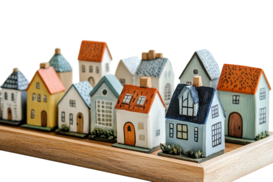 Charming collection of colorful miniature houses displayed on a wooden shelf for artistic decoration isolated on transparent background