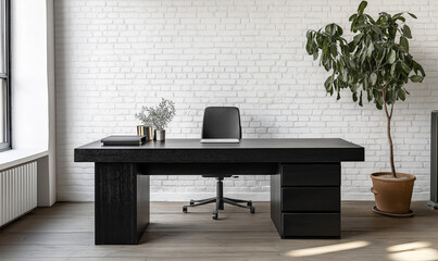 Designer desk in matte black set against a white backdrop, offering a stylish modern workspace.