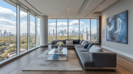 Minimalist interior design of modern luxury livingroom with skyline view
