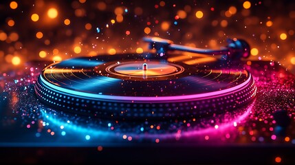 Obraz premium Hypnotic neon lights surrounding a club turntable high resolution hd photo