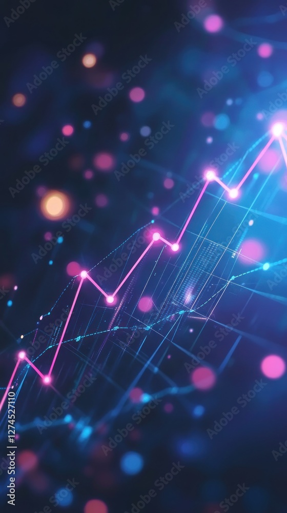 Poster abstract digital background depicting a vibrant graph with glowing lines and dots representing data 