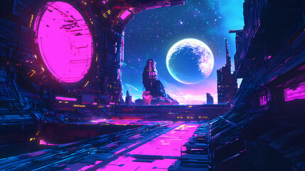 Obraz premium Vibrant neon lit lunar colony ruins blending retro and futuristic styles for use in immersive concept art or space projects. Neon Futuristic Ruins. Illustration
