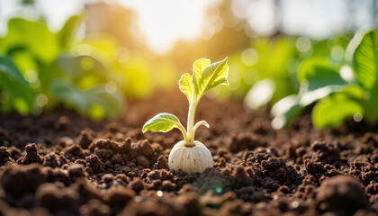 Emerging sugar beet sprout in rich soil at midday, growth symbolism