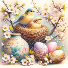 Easter Bird Nest and Spring Blossom