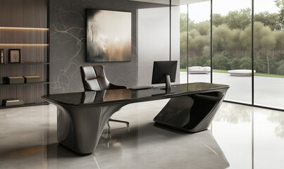 Sleek high-end desk with a glossy finish, set in a professional and contemporary workspace.