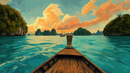 Tropical sunset boat ride, island view, calm sea, travel brochure