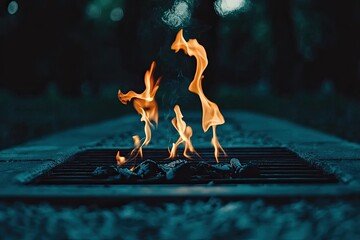 Heat radiates as the flames sweep over the BBQ grill grates, fueled by burning firewood