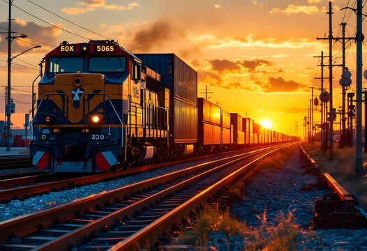 A long freight train carrying shipping containers moves along railway tracks at sunset, symbolizing the logistics and global trade concept. The warm lighting enhances the theme of transportation and