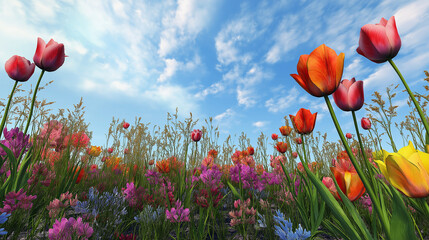 Obraz premium Spring flowers blooming in a field viewed from the ground, creating a vibrant and fresh springtime scene