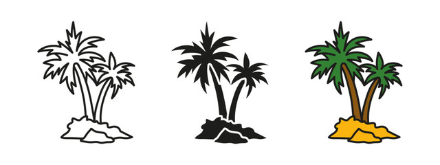 Fototapeta premium Palm tree icon. Tropical island vector illustration. Exotic nature symbol. Beach vacation sign. Coconut tree with leaves and sand pictogram.