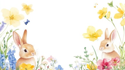 Fototapeta premium Watercolor bunnies in a spring meadow; ideal for greeting cards or prints