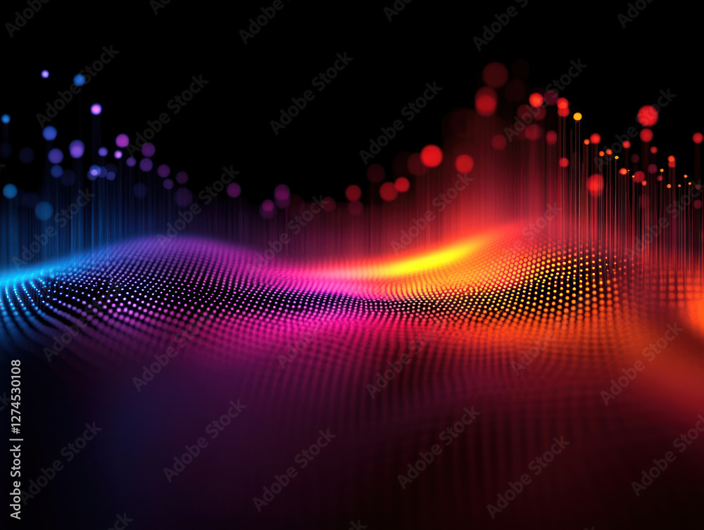 Poster abstract wave-like composition with bright dots and lines. smooth color transitions from blue and pu