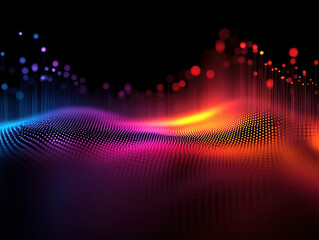 abstract wave-like composition with bright dots and lines. Smooth color transitions from blue and purple to orange and red create a dynamic and energetic visual effect. 