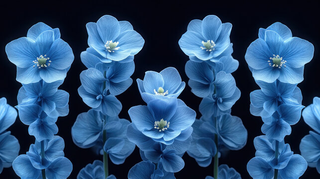blue flowers, brightly lit on a dark background. The flowers have delicate petals, with light gradients of shades of blue and light blue. 