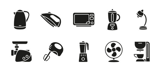 Kitchen appliance icon set black. Collection of household and cooking equipment vector illustrations. Includes microwave, blender, kettle, coffee machine and oven. Home electric device silhouette.