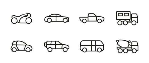 Car transport icon set. Collection of vehicle vector illustrations. Includes sedan, motorcycle, SUV, pickup, minivan, bus and truck. Automotive and transportation symbols.
