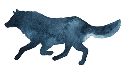 Watercolor illustration of the silhouette of a running wolf on a transparent background
