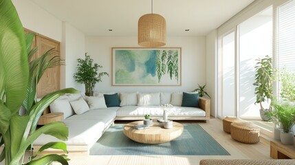 Modern minimalist living room interior design, sunlit, zen style