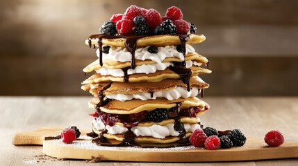 Delightful Stack of Mini Layered Pancakes with Whipped Cream, Berries, and Chocolate Sauce on a Rustic Wooden Board