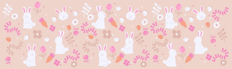 Colourful easter hand drawn banner with bunnies, eggs and flowers. Vector illustration, elements.