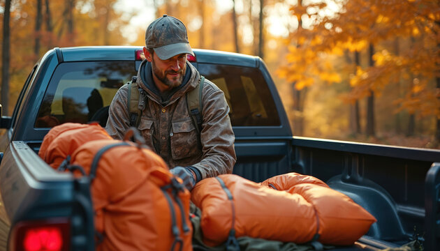 Man loads gear into truck for backcountry camping trip in forest at autumn. Orange backpack ready for journey into nature, wild adventure, relax outdoors.