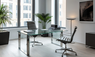 Fototapeta premium Sleek Contemporary Glass Desk with Silver Hardware for a Modern and Chic Home Office Look