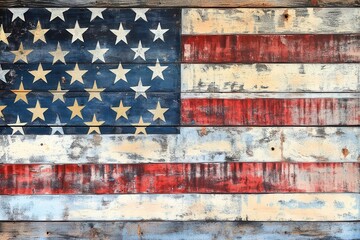 contemporary interpretation of american flag using mixed media, distressed denim textures and metallic accents on weathered wood