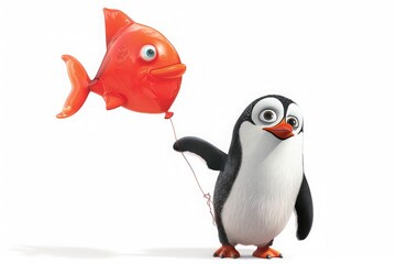 A penguin holding a fish-shaped balloon