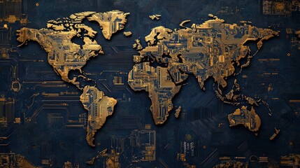 Naklejka premium Global network connection circuit board world map