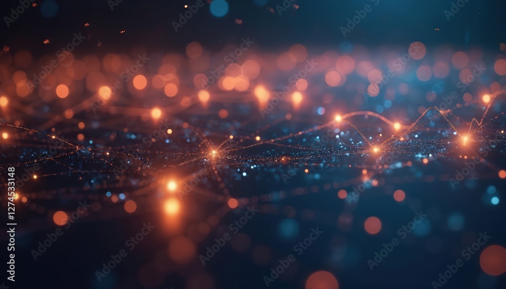 Leinwandbilder Close-up of network with orange, blue lights. Abstract tech background datum communication, global connection in cyberspace. Modern science geometric design with blurred motion, molecular structure,