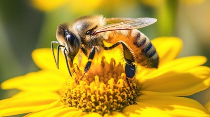 This image captures the essential role of bees in nature, reminding us of the need for conservation and habitat protection. The vibrant wildflower and soft background create a visually appealing 