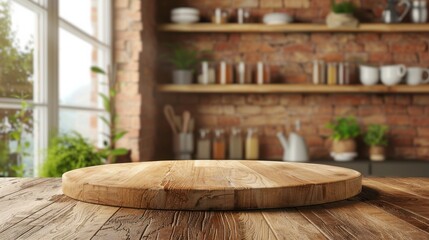 Clean kitchen interior with a round wood countertop, perfect for product montages or banners