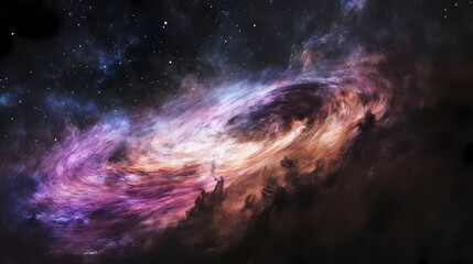 Fototapeta premium Vibrant cosmic cloud with stars and nebula showcasing beautifully blended colors of purple, pink, blue, and black in a stunning galactic background. Galactic Optical Illusions. Illustration