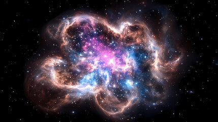 Vibrant cosmic cloud with stars and nebula showcasing beautifully blended colors of purple, pink, blue, and black in a stunning galactic background. Galactic Optical Illusions. Illustration