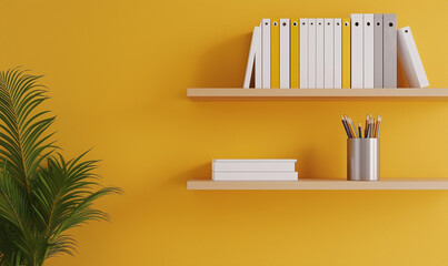 Trendy floating shelf on a warm mustard yellow wall, combining vibrant color with modern design.