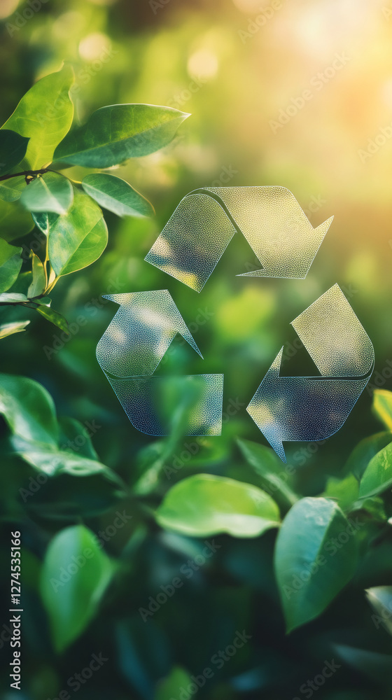 Poster recycling symbol superimposed on green leaves represents sustainable practices and environmental res