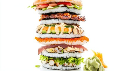 Unique Arrangement of Sushi Rolls Resembling a Stackable Burger with Colorful Ingredients and Fresh Accompaniments for Food Photography