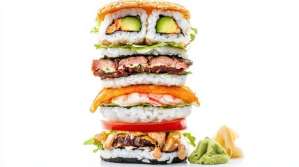 Stack of Colorful Sushi Rolls Arranged Like a Burger with Various Ingredients Including Fish, Vegetables, and Sauces, Captivating Presentation