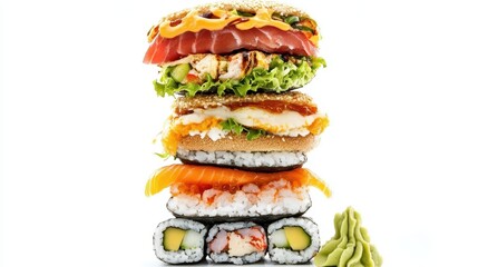 Creative Arrangement of Sushi Rolls Stacked Like a Burger with Colorful Ingredients and Tasty Delicacies for an Artistic Culinary Display