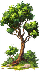 Green cartoon tree growing among small plants, rocks, and roots in pristine wilderness, featuring detailed natural landscape on clean white background