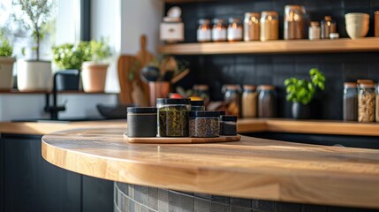 Clean kitchen interior with a round wood countertop, perfect for product montages or banners