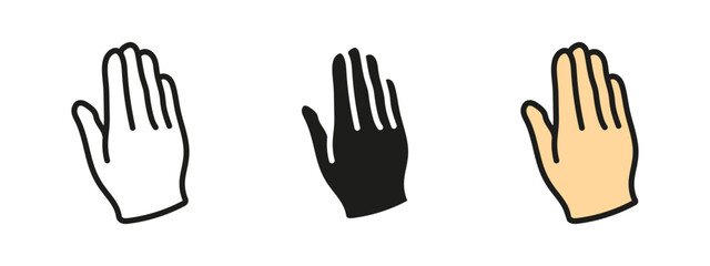 Hand stop sign icon. Gesture for warning and caution. Attention and alert vector illustration. Restriction and prohibition pictogram. Safety control concept.