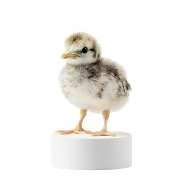 Seagull chick on white platform under bright studio lights